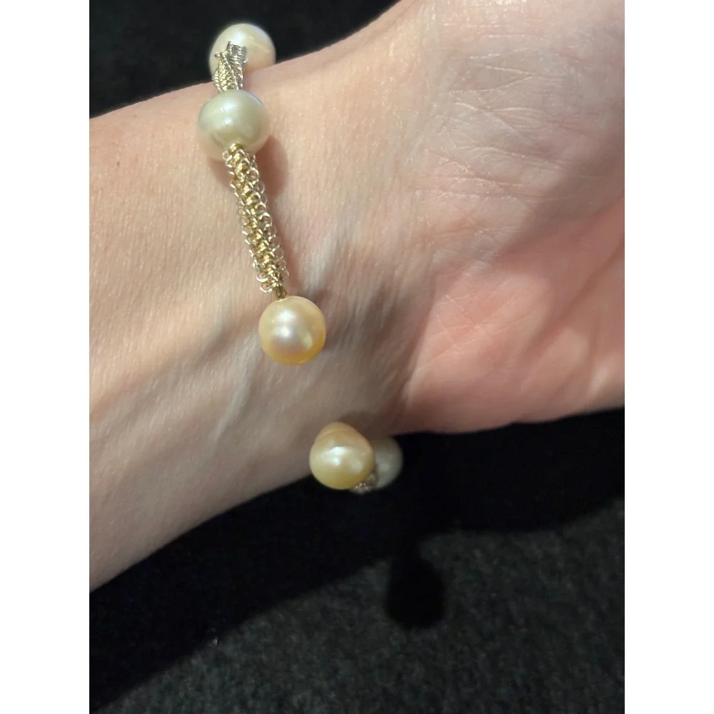 Natural Freshwater Pearl Gold Tone Woven Mesh Open Cuff Bracelet